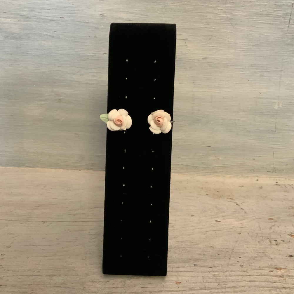 Vintage Pink & White Sculpted Rose Floral Petal Stud Earrings Good Condition